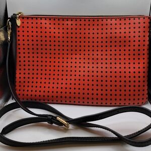 Fossil Crossbody Coral and Black Polkadots Leather Removable Crossbody Strap